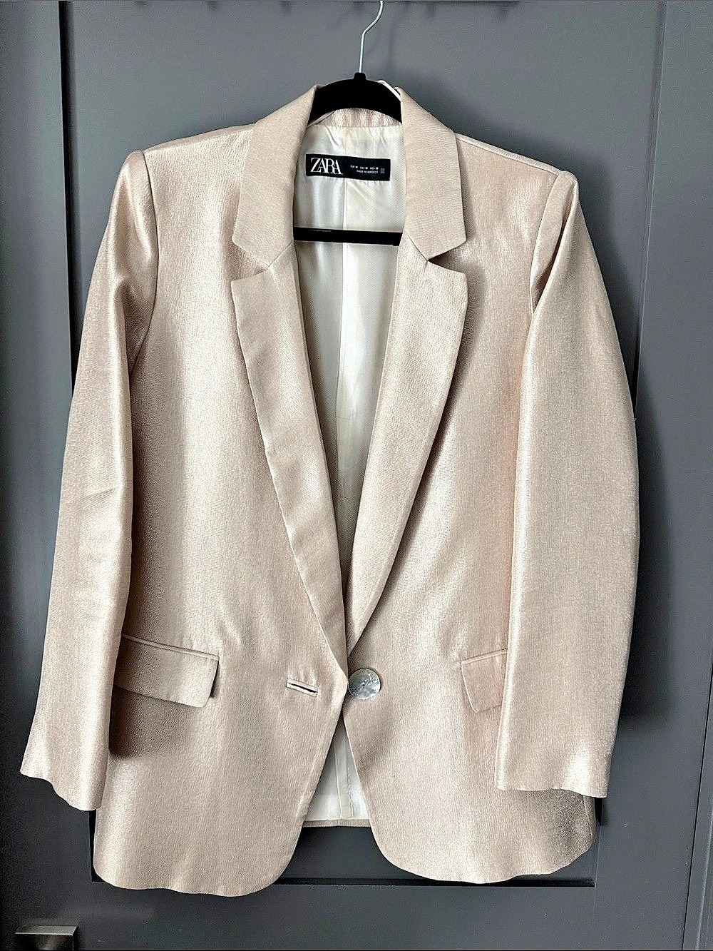 Zara Metallic Thread Long Blazer Women's Cream Size Medium